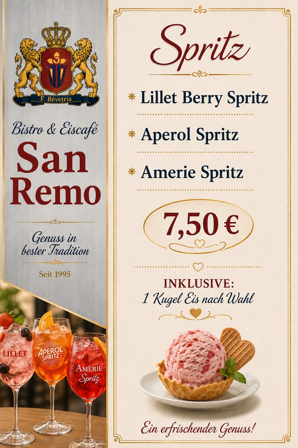 Spritz — Lillet Berry, Aperol & Amerie Spritz 7,50 € inklusive 1 Kugel Eis nach Wahl