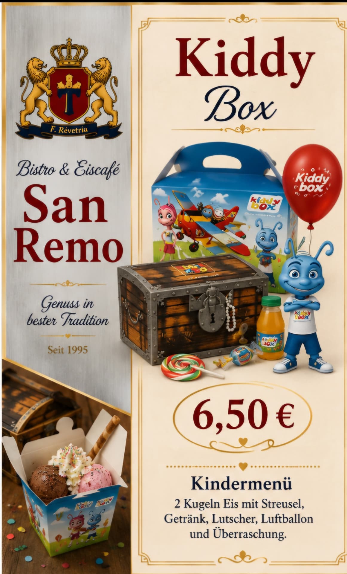 Kiddy Box Kindermenü — 2 Kugeln Eis mit Streusel, Getränk, Lutscher, Luftballon & Überraschung 6,50 €