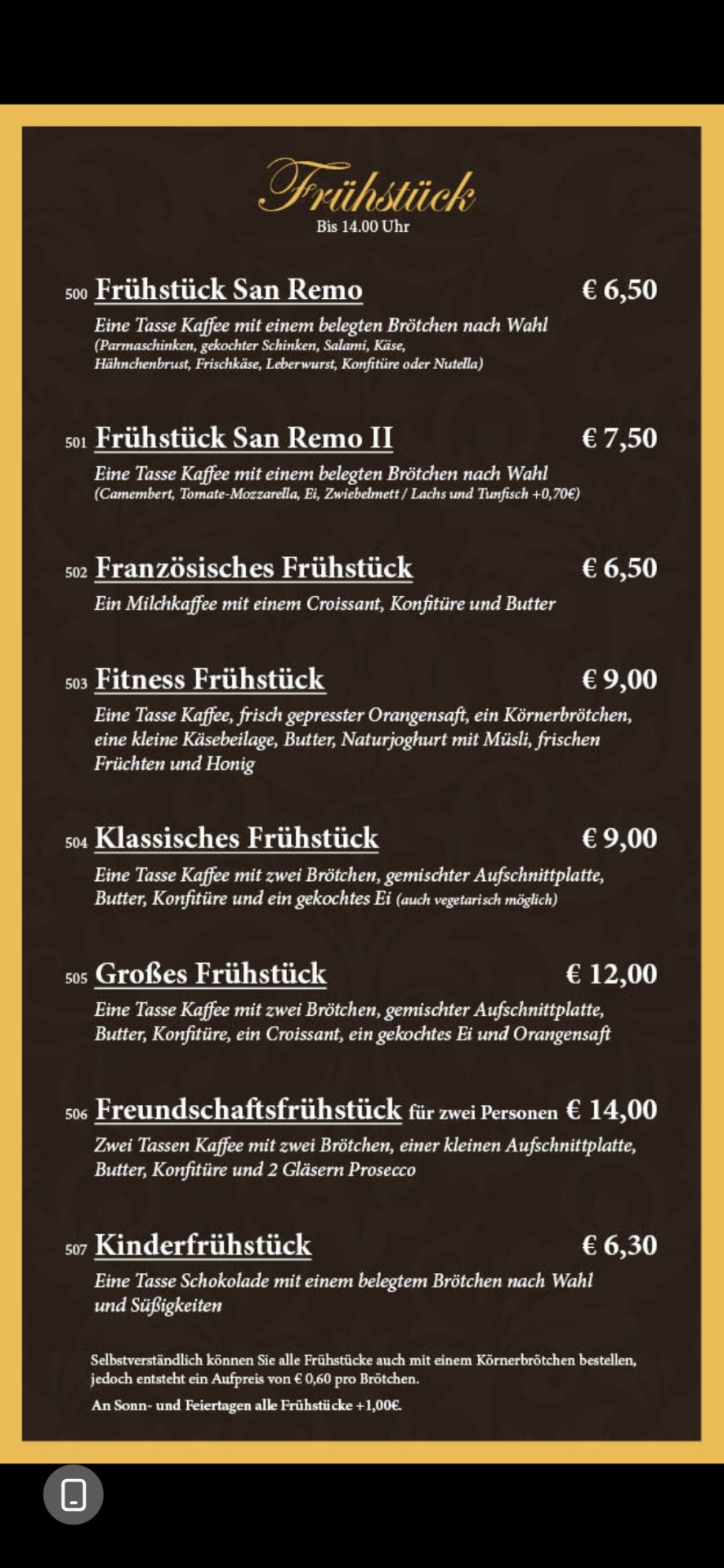 Frühstück — San Remo, Französisches, Fitness, Klassisches, Großes, Freundschafts- & Kinderfrühstück