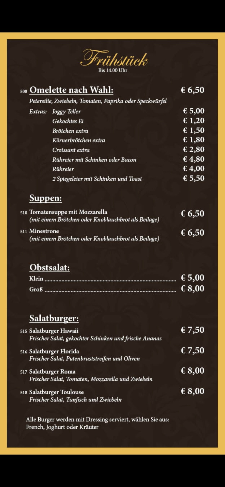 Frühstück — Omelette, Suppen, Obstsalat & Salatburger